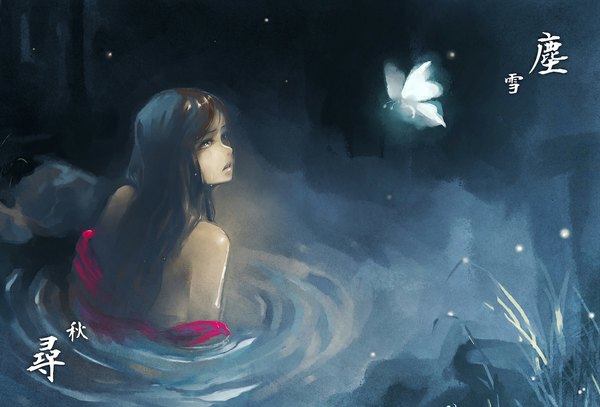 Anime picture 1177x800 with original jn3 single long hair blush open mouth black hair bare shoulders looking away profile black eyes night wet tears bare back girl water insect butterfly