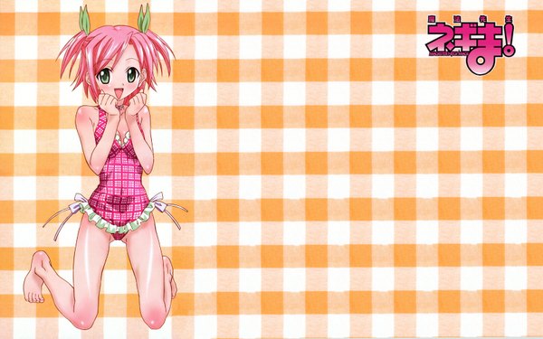 Anime picture 1680x1050 with mahou sensei negima! sasaki makie single looking at viewer blush short hair open mouth light erotic wide image twintails green eyes pink hair full body copyright name kneeling hand to mouth plaid orange background plaid background girl