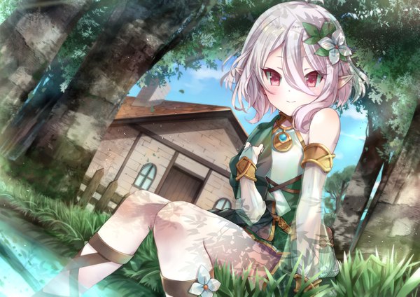 Anime-Bild 1351x955 mit princess connect! re:dive princess connect! kokkoro (princess connect!) inuno pesu single looking at viewer blush fringe short hair smile hair between eyes sitting bare shoulders payot sky silver hair cloud (clouds) bent knee (knees) outdoors pink eyes