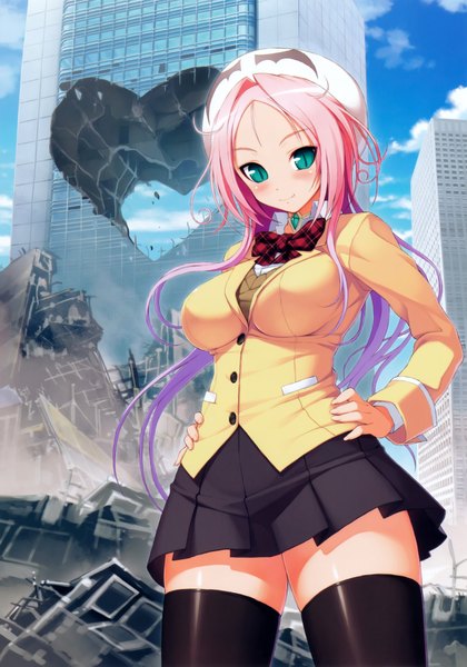 Anime picture 5237x7476 with dra+koi heroine (dra+koi) tsuji santa single long hair tall image looking at viewer blush highres breasts light erotic smile large breasts standing pink hair absurdres sky purple hair cloud (clouds) ahoge