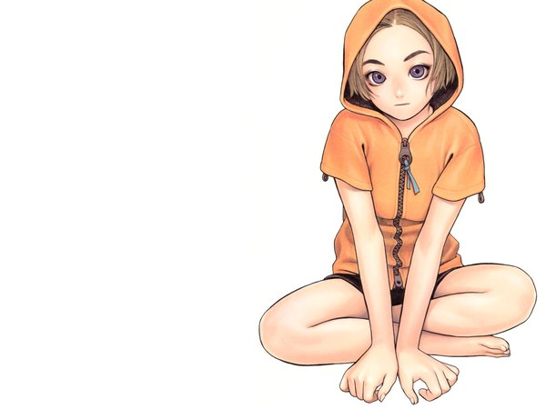 Anime picture 1600x1200 with range murata single looking at viewer short hair simple background brown hair white background sitting purple eyes full body barefoot fingernails short sleeves no shoes third-party edit expressionless indian style toenails extended girl