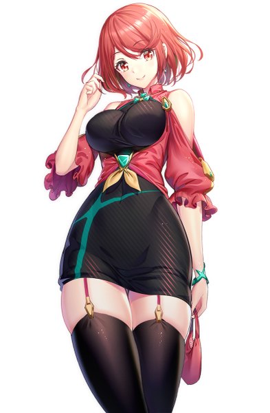 Anime picture 787x1200 with xenoblade xenoblade 2 pyra (xenoblade) ririko (zhuoyandesailaer) single tall image looking at viewer blush fringe short hair breasts simple background smile hair between eyes red eyes standing white background bare shoulders holding red hair