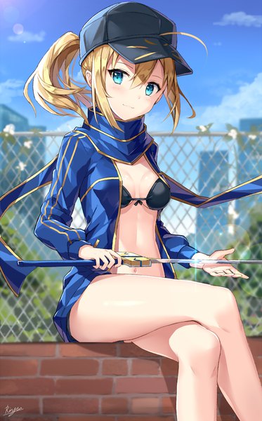 Anime picture 708x1137 with fate (series) fate/grand order artoria pendragon (all) mysterious heroine x (fate) rin yuu single long hair tall image blush fringe breasts blue eyes light erotic blonde hair smile hair between eyes sitting holding signed payot