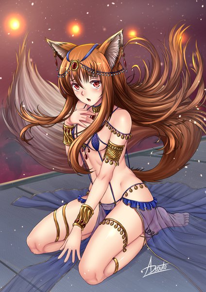 Anime picture 1240x1754 with spice and wolf horo adsouto single long hair tall image looking at viewer blush fringe breasts open mouth light erotic hair between eyes red eyes brown hair sitting bare shoulders signed animal ears payot