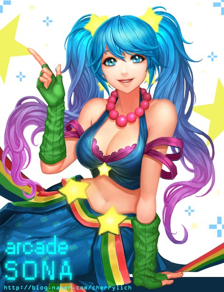 Anime picture 1200x1562 with league of legends sona buvelle arcade sona (league of legends) ake (cherrylich) single tall image blue eyes light erotic smile twintails bare shoulders blue hair cleavage very long hair multicolored hair girl gloves hair ornament fingerless gloves beads