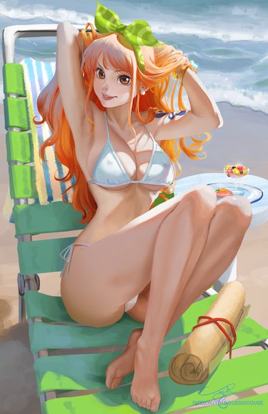 Anime-Bild 3300x5100 mit one piece one piece: stampede toei animation nami (one piece) sayuri watanabe single long hair tall image looking at viewer fringe highres breasts light erotic smile large breasts sitting signed absurdres cleavage full body