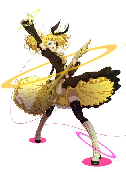 Anime picture 1099x1500 with vocaloid meltdown (vocaloid) kagamine rin lengchan (fu626878068) single tall image short hair open mouth blue eyes blonde hair simple background standing white background twintails looking away full body arm up short twintails lacing girl