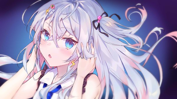 Anime picture 1920x1080 with original nanakagura single long hair looking at viewer blush fringe highres open mouth blue eyes simple background hair between eyes wide image silver hair upper body fang (fangs) wallpaper sleeveless one side up gradient background