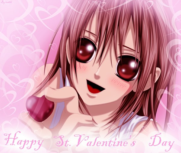 Anime picture 1000x849 with vampire knight studio deen cross yuki ioshik single blush short hair open mouth simple background smile red eyes pink hair inscription coloring close-up pink background face valentine girl heart