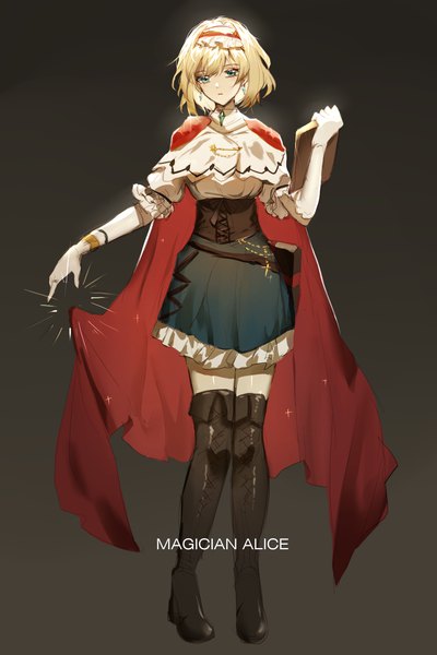 Anime picture 1000x1500 with touhou alice margatroid meng ziya single tall image looking at viewer fringe short hair blue eyes simple background blonde hair hair between eyes standing holding full body sparkle short sleeves alternate costume puffy sleeves character names