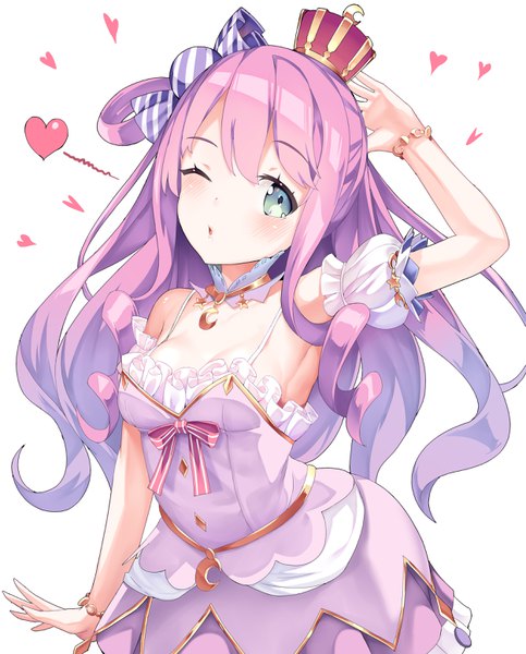 Anime picture 2500x3100 with virtual youtuber hololive himemori luna himemori luna (1st costume) mogmog single long hair tall image blush highres simple background white background green eyes pink hair cleavage one eye closed wink armpit (armpits) drill hair arm behind head