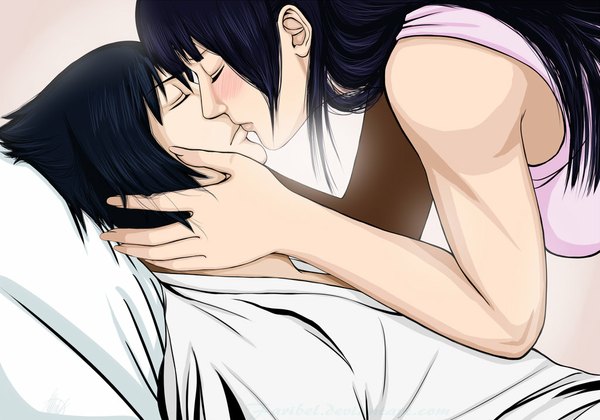 Anime picture 1024x717 with naruto studio pierrot naruto (series) uchiha sasuke hyuuga hinata long hair blush short hair black hair eyes closed couple kiss girl boy