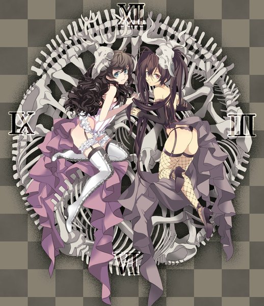 Anime picture 1000x1157 with original mihatarou long hair tall image looking at viewer blue eyes light erotic black hair brown hair twintails multiple girls ass pink eyes lacing checkered background skull and crossbones girl thighhighs underwear panties