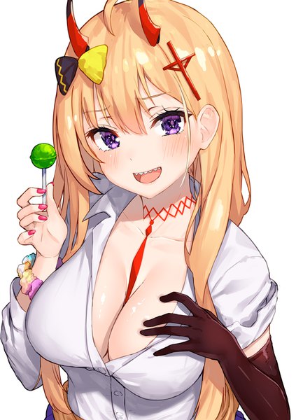 Anime picture 565x800 with azur lane kumano (azur lane) pensuke single long hair tall image looking at viewer blush fringe breasts open mouth light erotic blonde hair smile hair between eyes large breasts white background purple eyes cleavage upper body