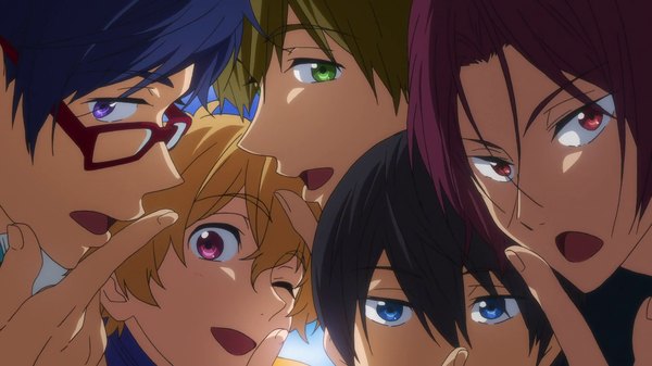 Anime picture 1920x1080 with free! kyoto animation matsuoka rin nanase haruka (free!) tachibana makoto hazuki nagisa ryugazaki rei looking at viewer highres short hair open mouth blue eyes black hair blonde hair red eyes brown hair wide image purple eyes green eyes blue hair