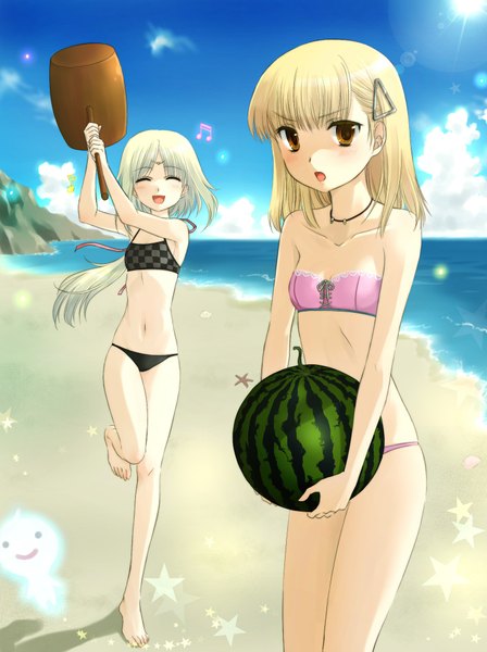 Anime picture 1522x2039 with rune factory mist (rune factory) rosetta okitsune (okitsune-sama) long hair tall image blonde hair multiple girls white hair eyes closed orange eyes beach girl navel 2 girls swimsuit bikini food black bikini berry (berries)