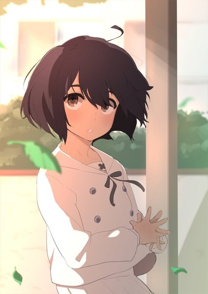 Anime picture 752x1062 with kokoro ga sakebitagatterunda. a-1 pictures naruse jun nuezou (artist) single tall image fringe short hair hair between eyes brown hair standing brown eyes looking away ahoge upper body wind girl uniform serafuku leaf (leaves)