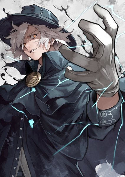 Anime picture 1446x2048 with fate (series) fate/grand order edmond dantes (fate/grand order) yoshio (55level) single tall image looking at viewer fringe short hair yellow eyes upper body white hair arm up grey background magic shaded face slit pupils aura evil grin boy
