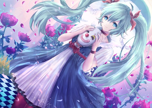 Anime picture 2080x1485 with vocaloid karakuri pierrot (vocaloid) hatsune miku alicetype single long hair looking at viewer blush highres smile twintails holding nail polish aqua eyes aqua hair tears checkered floor checkered girl dress