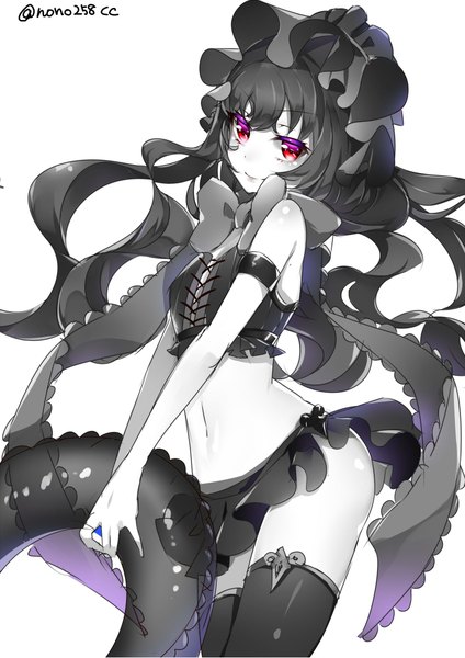 Anime picture 1592x2253 with kantai collection isolated island hime nonomaro single long hair tall image looking at viewer fringe light erotic black hair simple background red eyes standing white background signed head tilt wind mole shiny skin monochrome