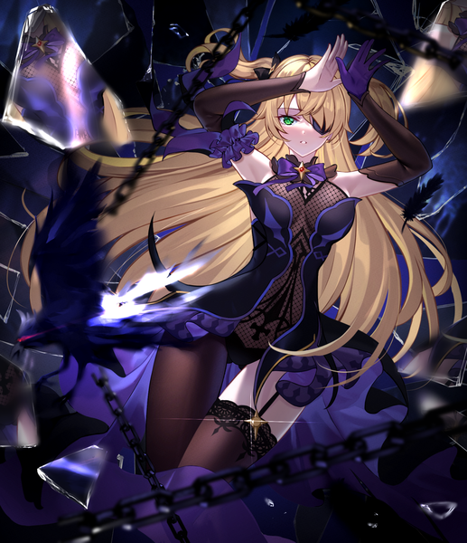 Anime picture 1357x1574 with genshin impact fischl (genshin impact) oz (genshin impact) swordsouls single long hair tall image looking at viewer fringe breasts light erotic blonde hair large breasts green eyes parted lips blurry arms up sparkle two side up depth of field