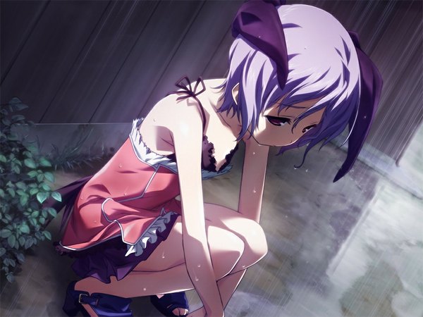 Anime picture 1024x768 with baldr (series) baldr sky baldr sky dive 2 giga minazuki makoto short hair purple eyes bare shoulders game cg purple hair loli squat girl hair ornament ribbon (ribbons) hair ribbon sundress