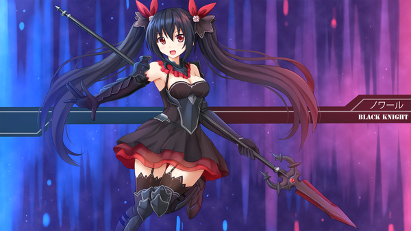 Anime picture 1920x1080 with choujigen game neptune noire kazenokaze single long hair looking at viewer highres open mouth black hair red eyes wide image twintails girl thighhighs dress gloves weapon black thighhighs black gloves elbow gloves