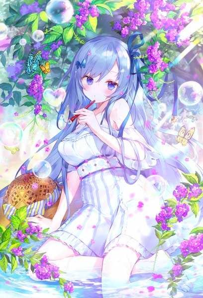 Anime picture 2266x3328 with original emori miku project emori miku ibara riato single long hair tall image looking at viewer blush fringe highres breasts blue eyes hair between eyes sitting bare shoulders holding payot blue hair cleavage