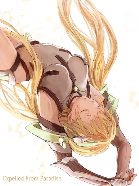 Anime picture 1000x1338 with expelled from paradise angela balzac sadoxi11 single long hair tall image blush fringe breasts light erotic blonde hair simple background large breasts white background twintails eyes closed arms up arms behind head arched back upside down