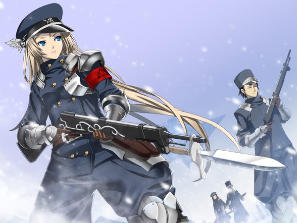 Anime picture 1250x938 with original pixiv fantasia fujimon long hair blue eyes blonde hair snowing solo focus winter group snow soldier girl boy gloves uniform weapon armor military uniform peaked cap