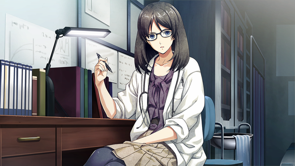 Anime picture 1280x720 with disorder 6 single long hair looking at viewer blue eyes black hair wide image sitting game cg girl glasses labcoat