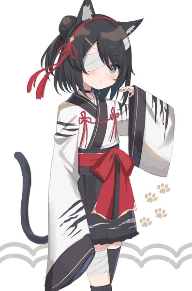 Anime picture 1600x2417 with original kuroha eve satou (3366 s) single tall image looking at viewer short hair blue eyes simple background brown hair white background animal ears tail long sleeves traditional clothes parted lips japanese clothes animal tail cat ears wide sleeves