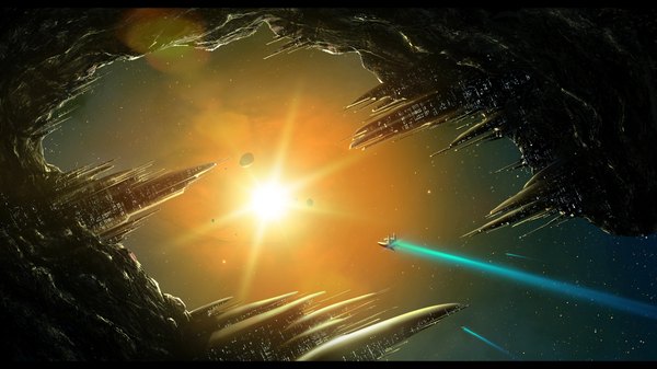 Anime picture 1920x1080 with original m3 f (artist) highres wide image flying scenic space science fiction panorama building (buildings) sun spacecraft