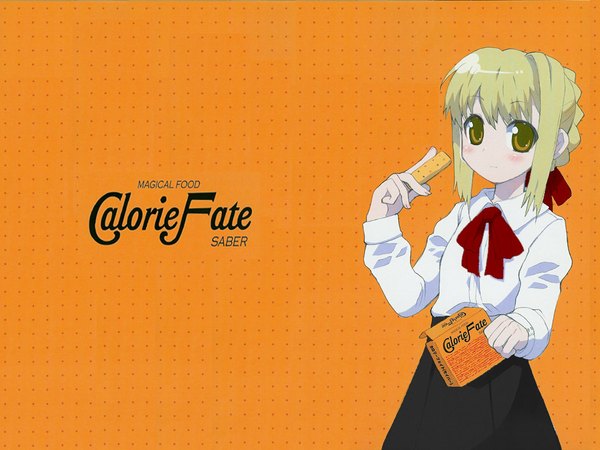 Anime picture 1024x768 with fate (series) fate/stay night studio deen type-moon artoria pendragon (all) saber blonde hair wallpaper parody jpeg artifacts ribbon (ribbons) food blouse cookie (cookies)