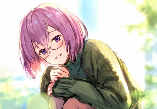 Anime picture 1024x713 with fate (series) fate/grand order mash kyrielight haru (hiyori-kohal) single looking at viewer blush fringe short hair hair between eyes sitting purple eyes purple hair parted lips leaning girl glasses sweater