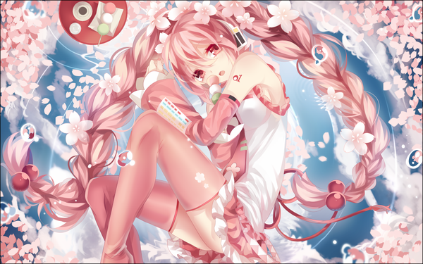 Anime picture 1000x625 with vocaloid hatsune miku sakura miku shouen kigashi single looking at viewer fringe open mouth bare shoulders pink hair bent knee (knees) braid (braids) long sleeves very long hair pink eyes hair flower from above tattoo twin braids cherry blossoms