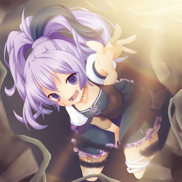 Anime picture 1600x1600 with vocaloid flower (vocaloid) yuzuki kei single long hair looking at viewer open mouth black hair purple eyes purple hair ponytail multicolored hair two-tone hair outstretched hand blood on face girl dress blood bandage (bandages)