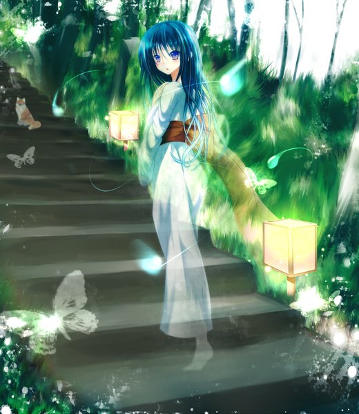Anime picture 1000x1154 with original takataka long hair tall image blush purple eyes blue hair japanese clothes ghost transparent girl plant (plants) animal tree (trees) kimono insect butterfly lantern stairs fox