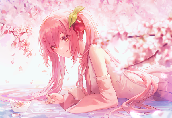 Anime picture 1500x1027 with vocaloid hatsune miku sakura miku dasha single fringe hair between eyes looking away pink hair lying very long hair pink eyes cherry blossoms on stomach girl flower (flowers) detached sleeves petals fruit branch