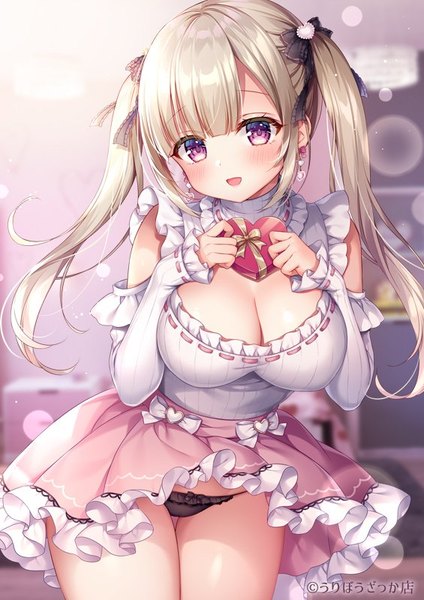 Anime-Bild 565x800 mit original mitsuba choco single long hair tall image looking at viewer blush fringe breasts open mouth light erotic blonde hair smile large breasts standing purple eyes twintails payot cleavage blunt bangs