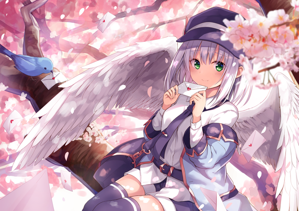 Anime picture 1000x705 with original oshirase-chan (kure~pu) kure~pu single looking at viewer blush fringe short hair smile hair between eyes sitting holding green eyes silver hair long sleeves wind blurry off shoulder zettai ryouiki cherry blossoms