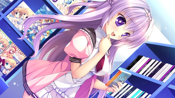 Anime picture 1280x720 with hyakugojuunenme no mahoutsukai pink chuchu (artbook) hoshioki marika mikeou single long hair fringe open mouth wide image standing purple eyes purple hair girl skirt uniform school uniform miniskirt necktie book (books) shelf