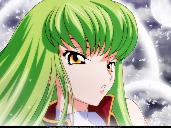 Anime picture 1600x1200 with code geass sunrise (studio) c.c. single long hair fringe yellow eyes parted lips green hair face girl moon full moon