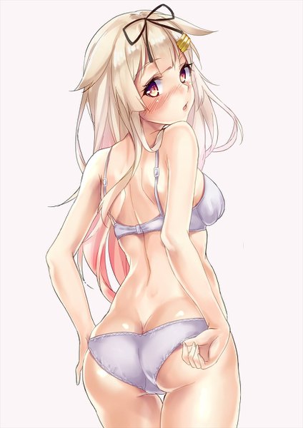 Anime picture 868x1228 with kantai collection yuudachi destroyer marisasu (marisa0904) single long hair tall image looking at viewer blush fringe breasts open mouth light erotic blonde hair simple background red eyes white background ass looking back embarrassed underwear only