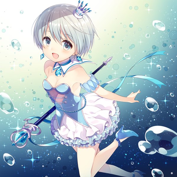 Anime picture 800x800 with original wasabi (sekai) single looking at viewer blush fringe short hair open mouth simple background hair between eyes holding blue hair cleavage silver hair bent knee (knees) multicolored hair from above sparkle short sleeves high heels