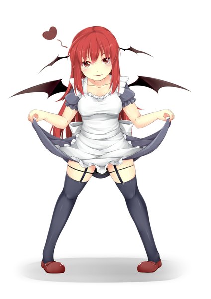 Anime picture 1500x2121 with touhou koakuma natsuki mitsu long hair tall image looking at viewer light erotic smile red eyes red hair panty pull head wings girl thighhighs dress black thighhighs wings