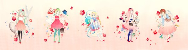 Anime picture 6000x1628 with vocaloid hatsune miku megurine luka kagamine rin gumi meiko kyang692 long hair highres short hair blonde hair simple background brown hair wide image twintails multiple girls pink hair absurdres hair flower green hair