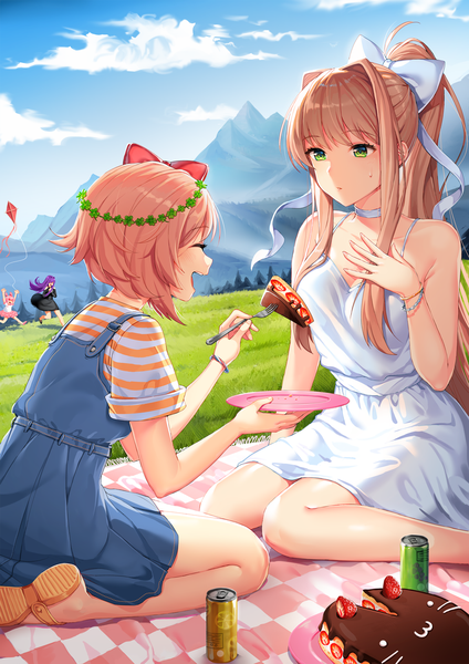 Anime picture 1060x1500 with doki doki literature club monika (doki doki literature club) yuri (doki doki literature club) natsuki (doki doki literature club) sayori (doki doki literature club) satchely long hair tall image blush fringe short hair open mouth smile brown hair sitting bare shoulders multiple girls holding green eyes looking away