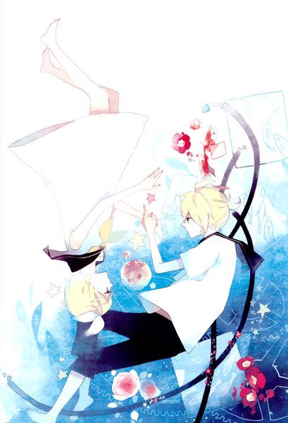 Anime picture 2380x3487 with vocaloid kagamine rin kagamine len tall image highres short hair blonde hair scan girl dress boy flower (flowers) bow hair bow white dress rose (roses) star (symbol) hands