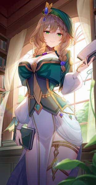 Anime picture 2480x4790 with genshin impact lisa (genshin impact) lisa (a sobriquet under shade) (genshin impact) lightria single long hair tall image looking at viewer fringe highres breasts light erotic smile hair between eyes brown hair large breasts green eyes indoors braid (braids) from below